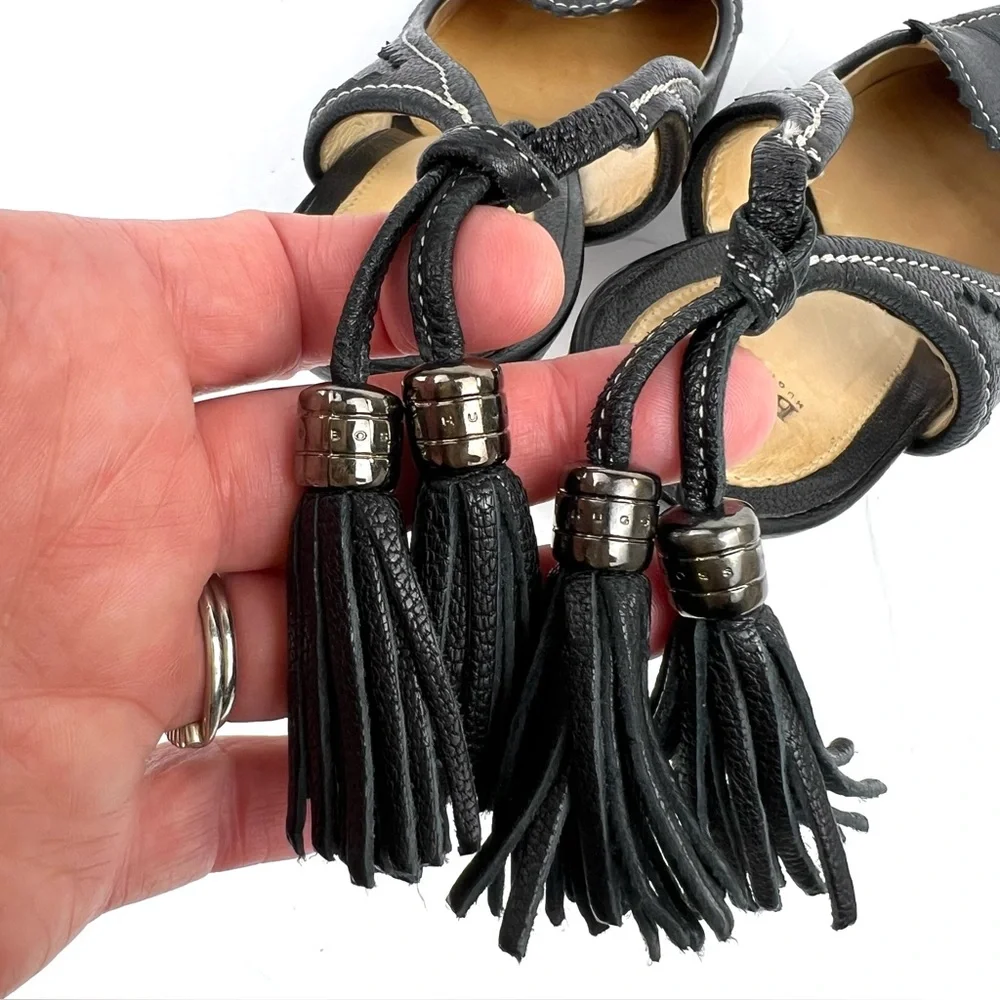 Hugo Boss Tassel Fringe Trim Leather Heels 39/8.0 Black Designer Quiet Luxury - Picture 8 of 17